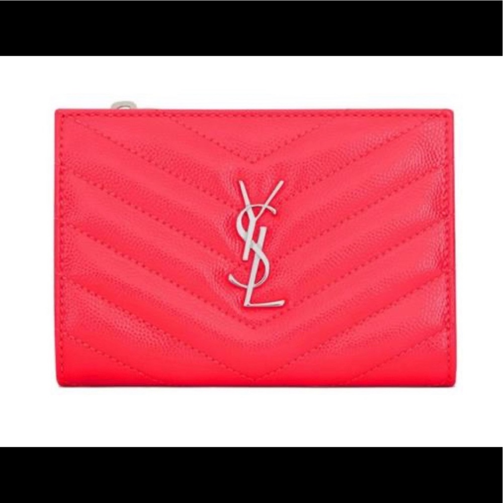 YSL Neon Pink Monogram Zippered Two-parts Wallet